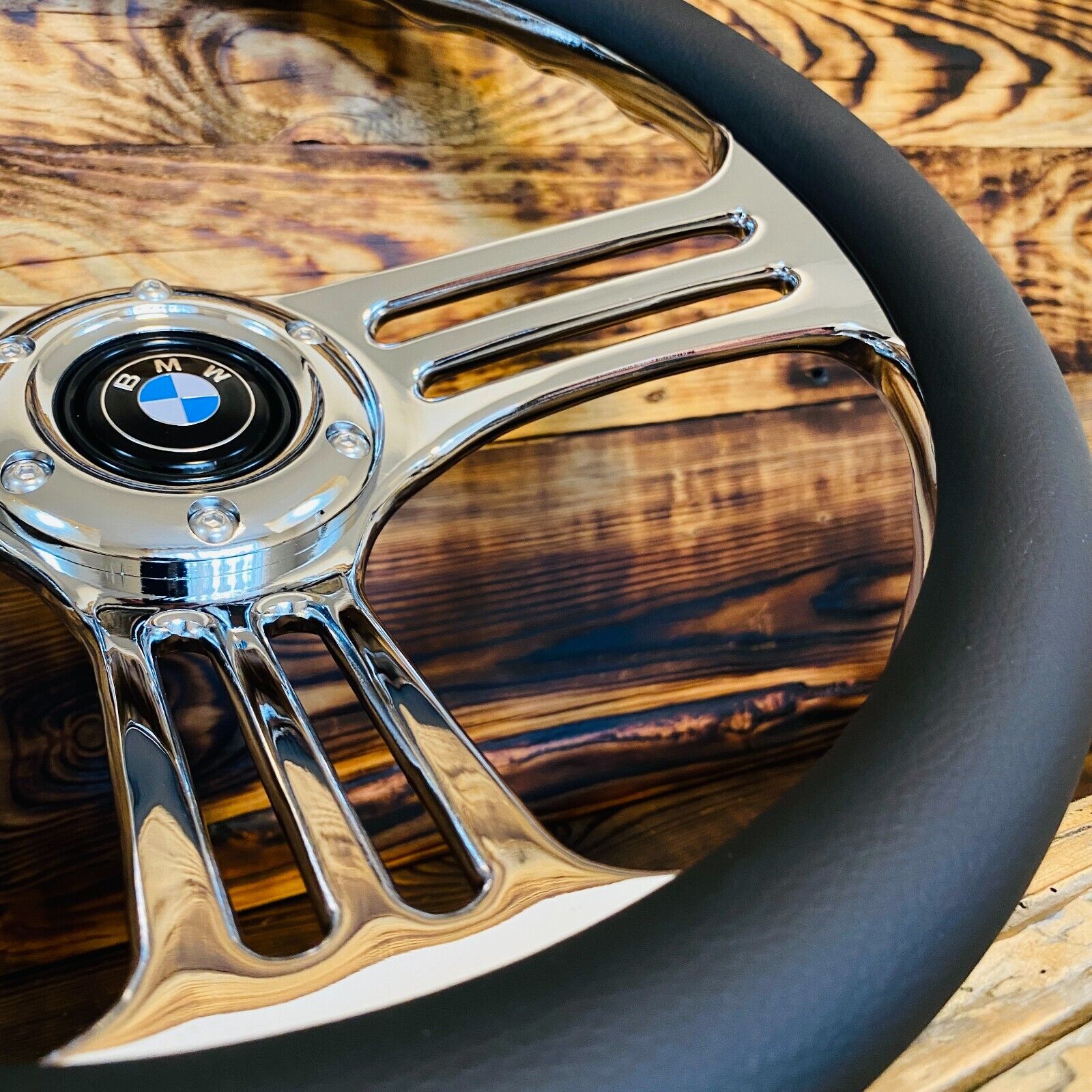 BMW Steering Wheel Leather 14" 350mm 6 Holes 70mm PCD Horn Button Chrome Spokes - Punk Wheels