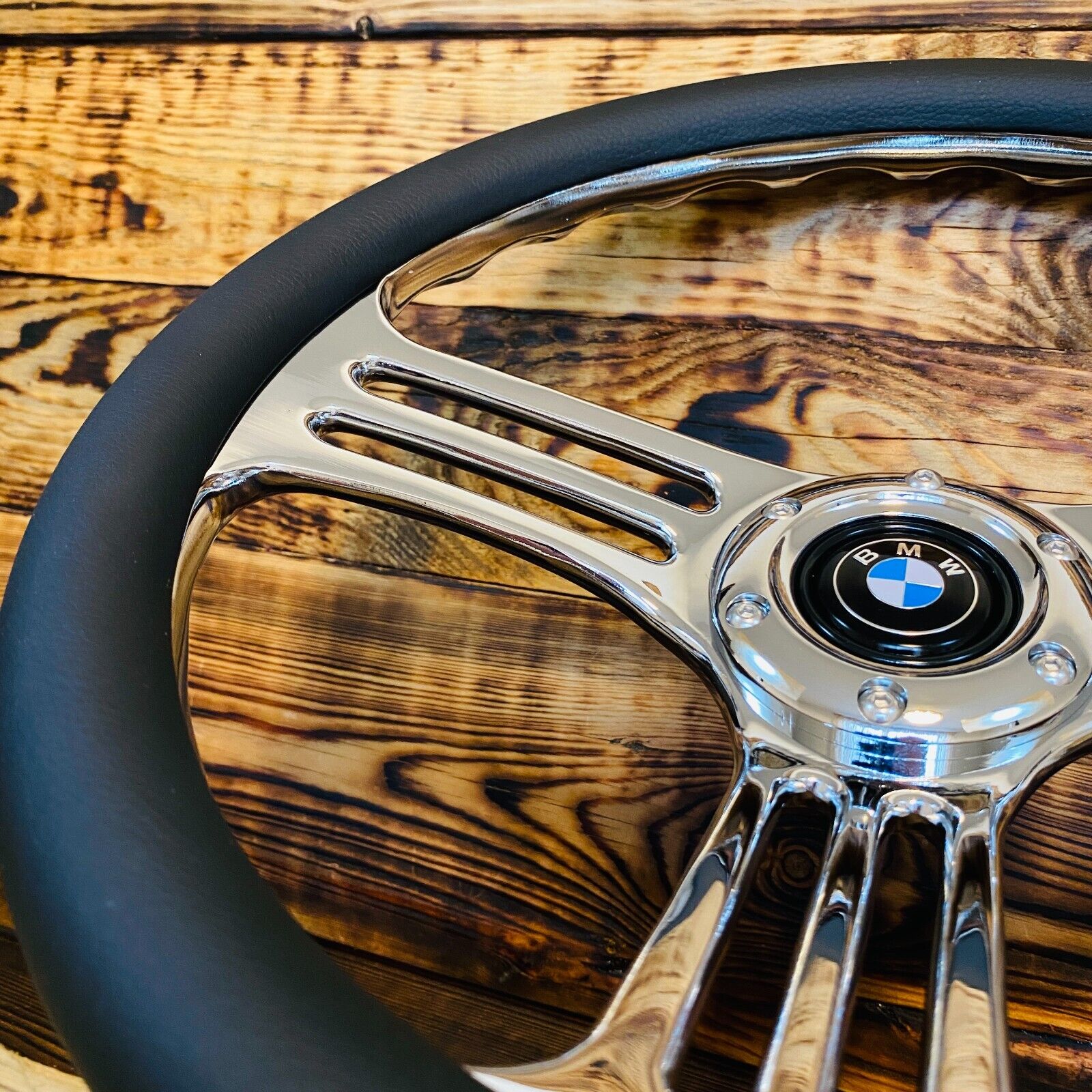 BMW Steering Wheel Leather 14" 350mm 6 Holes 70mm PCD Horn Button Chrome Spokes - Punk Wheels