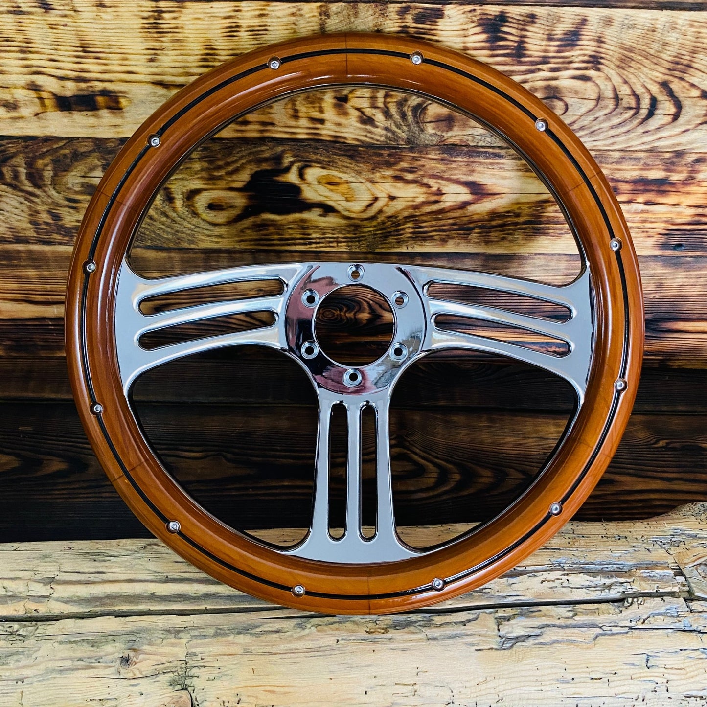 14 inch wood steering wheel with polished metal spokes for BMW steering wheel front view