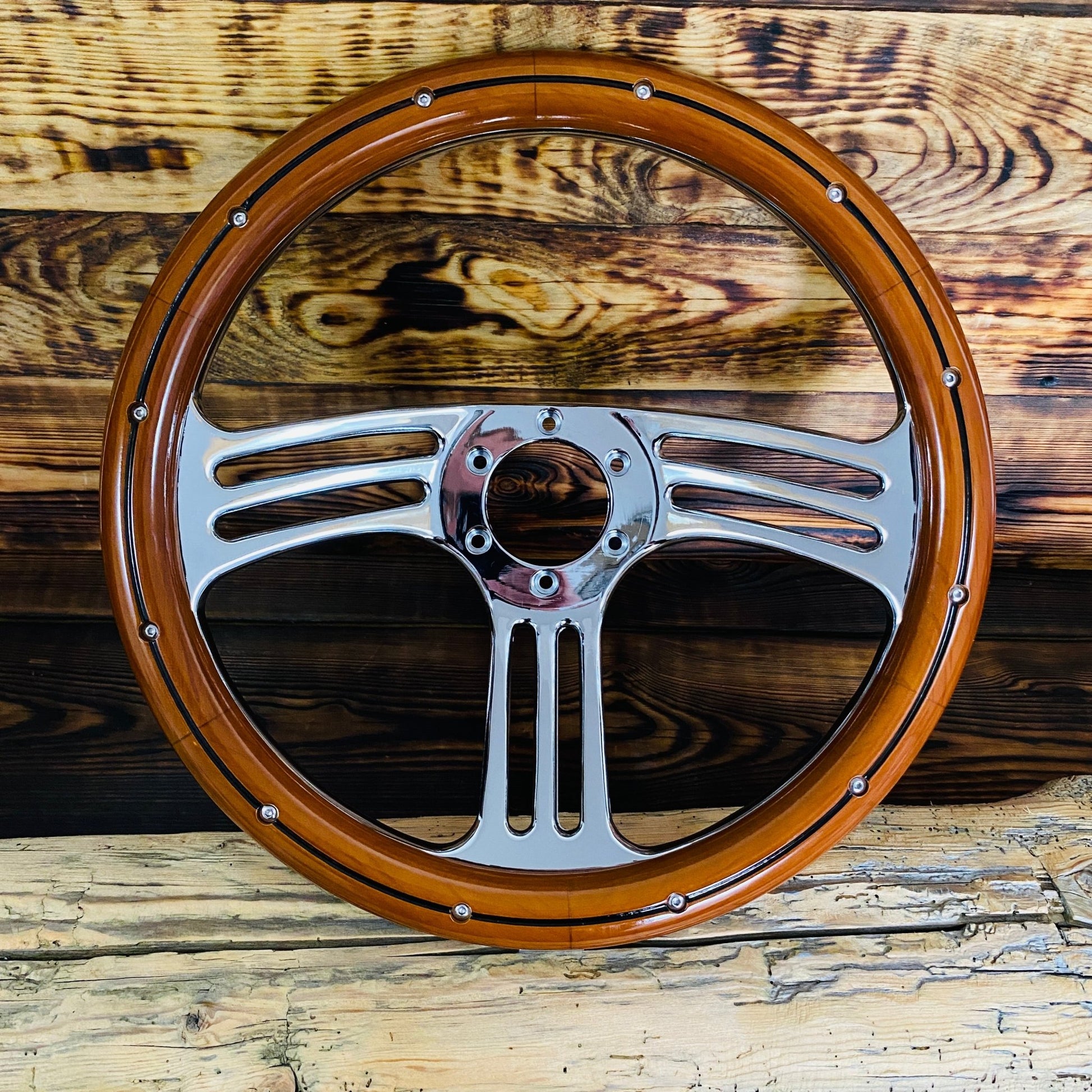 14 inch wood steering wheel with polished metal spokes for BMW steering wheel front view