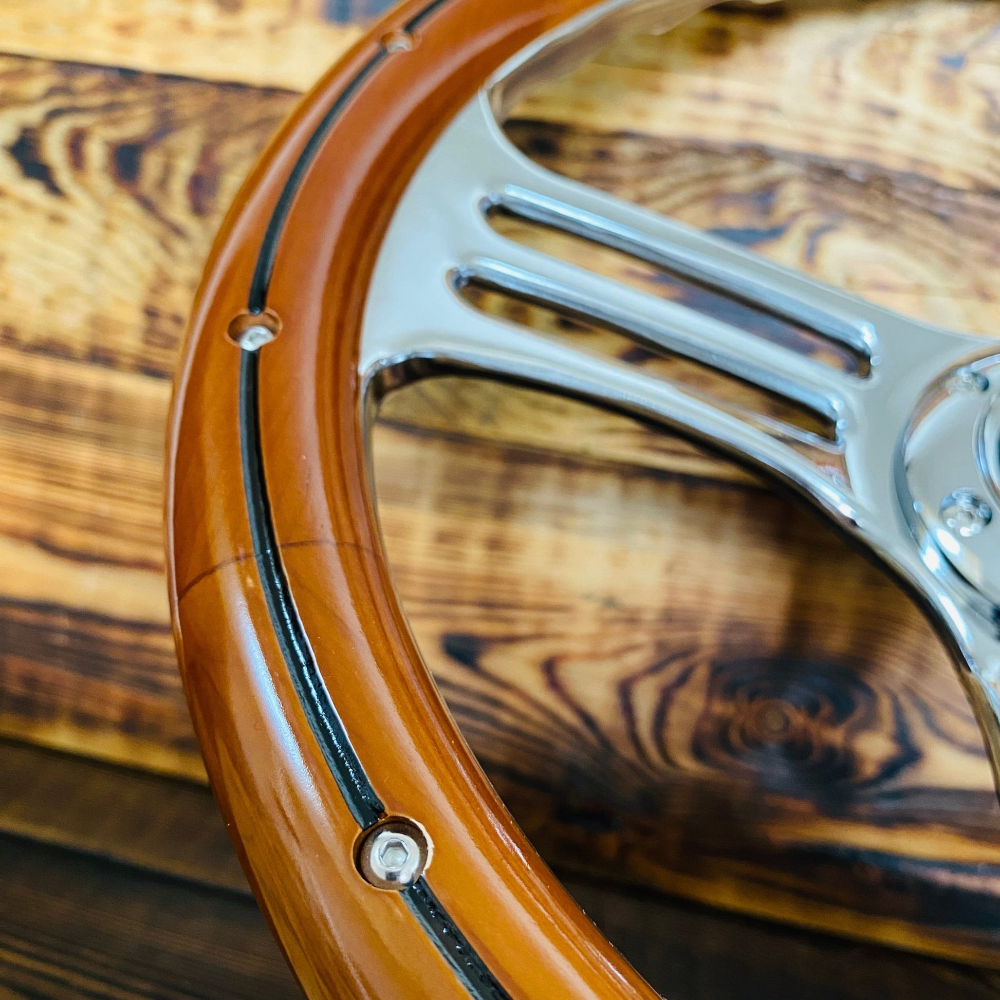 14in wood steering wheel with metal spokes for BMW steering wheel by Punk Wheels close-up