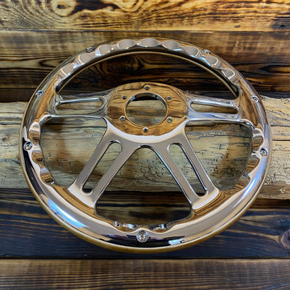 14 inch chrome and wood steering wheel with polished metal spokes for wood steering wheel bmw front view