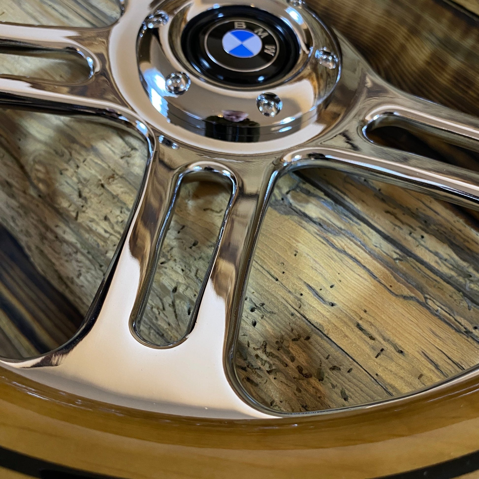 14in wood steering wheel BMW with polished metal spokes close-up view from Punk Wheels