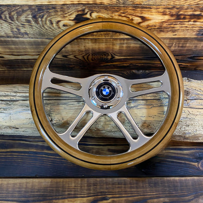 14 inch wood steering wheel bmw with polished metal spokes and center cap view