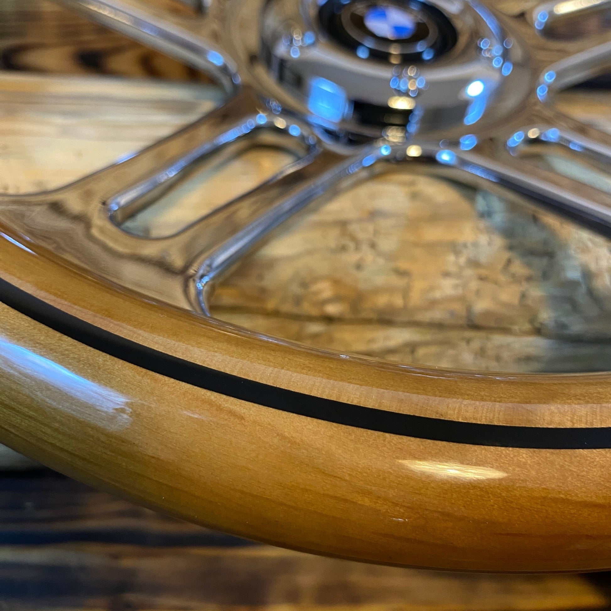 14in wood steering wheel bmw with polished metal spokes and glossy finish by Punk Wheels