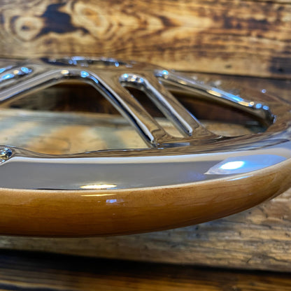 14in wood steering wheel bmw with polished chrome spokes close-up side view by Punk Wheels