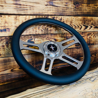 14 inch leather steering wheel with polished metal spokes and Mustang emblem front view aftermarket steering wheel for Mustang