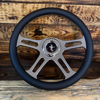 14in leather aftermarket steering wheel for Mustang with polished metal spokes and classic Mustang emblem front view