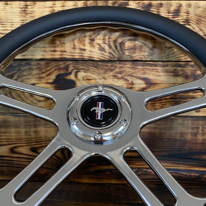 14-inch leather and chrome aftermarket steering wheel for Mustang with center emblem top view