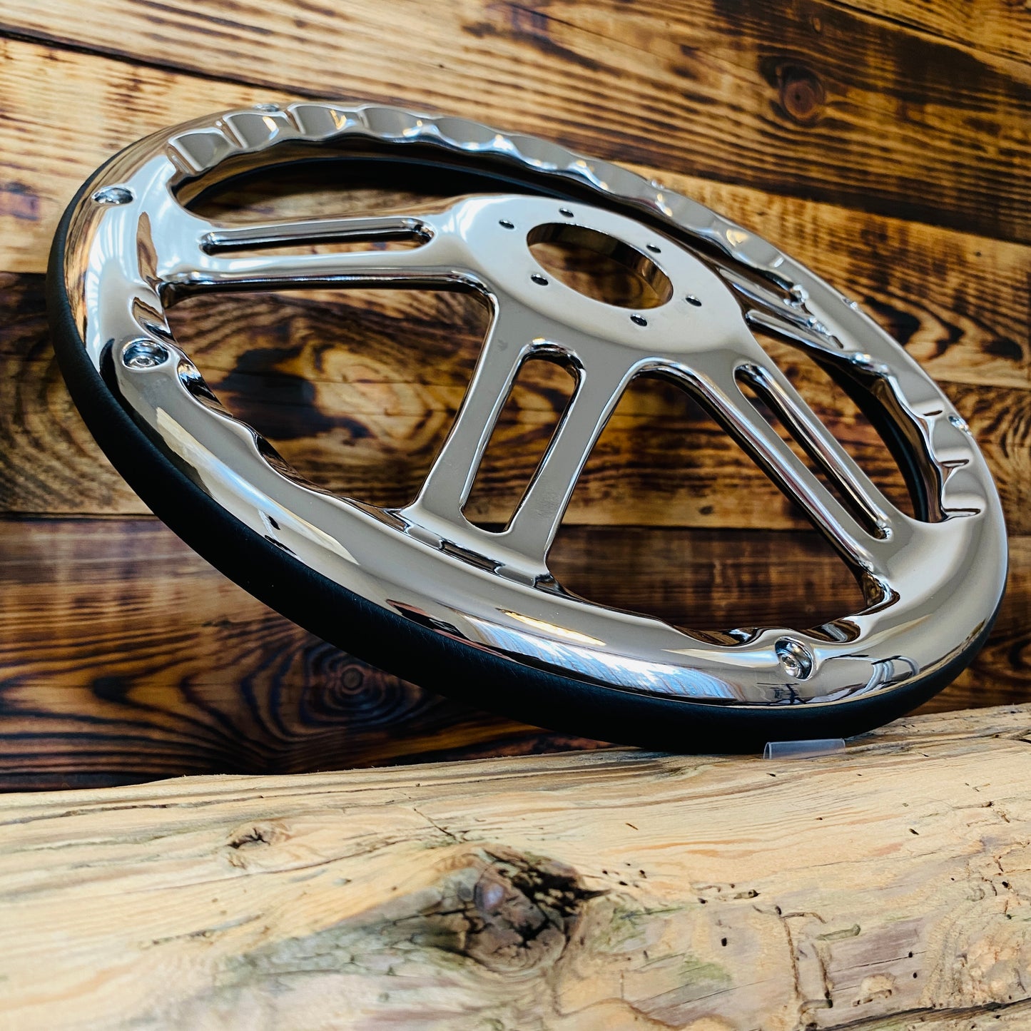 14in polished chrome leather steering wheel with cutout spokes aftermarket steering wheel for Mustang