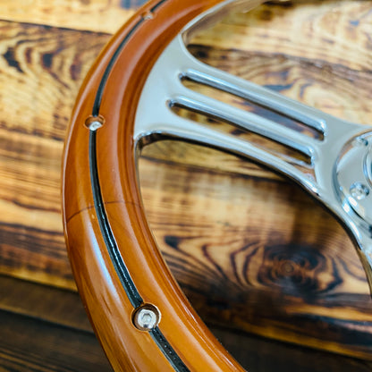 14in Mustang wood steering wheel with polished metal spokes by Punk Wheels close-up view