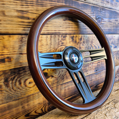 14 inch wood steering wheel for Ford Mustang with metal spokes, center emblem, angled side view