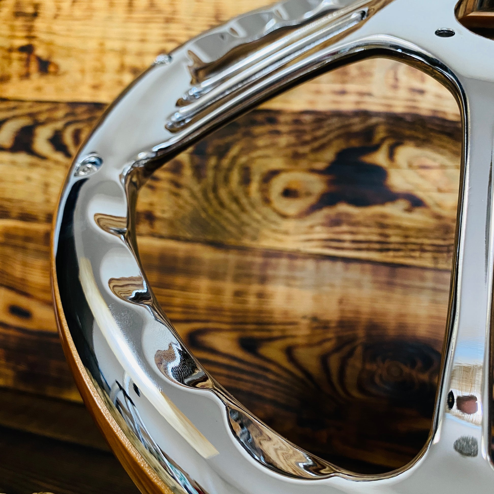 14in Ford wood steering wheel with polished metal spokes close-up view by Punk Wheels