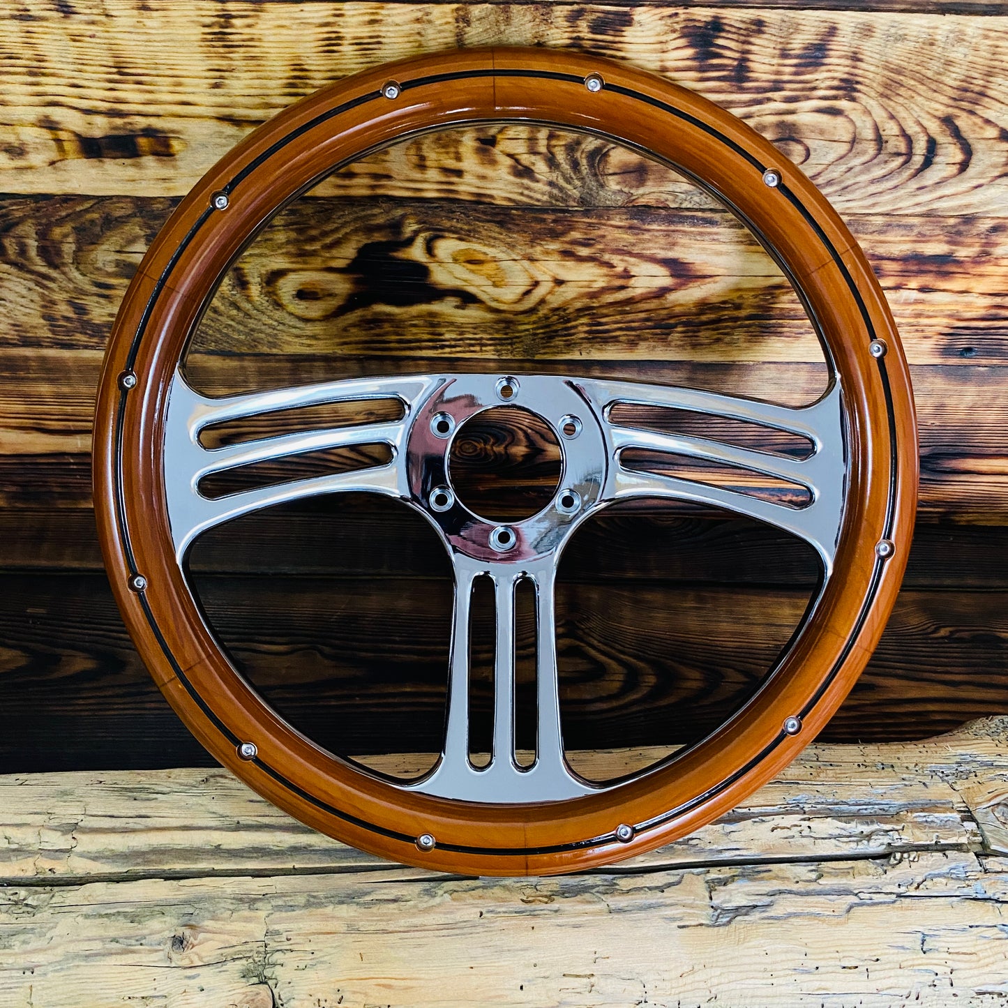 14 inch Ford wood steering wheel with polished metal spokes by Punk Wheels front view