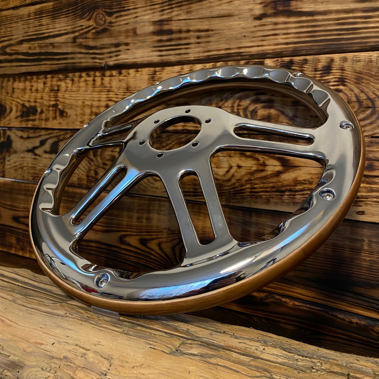 14 inch wooden steering wheel for Mustang with polished metal spokes front view by Punk Wheels