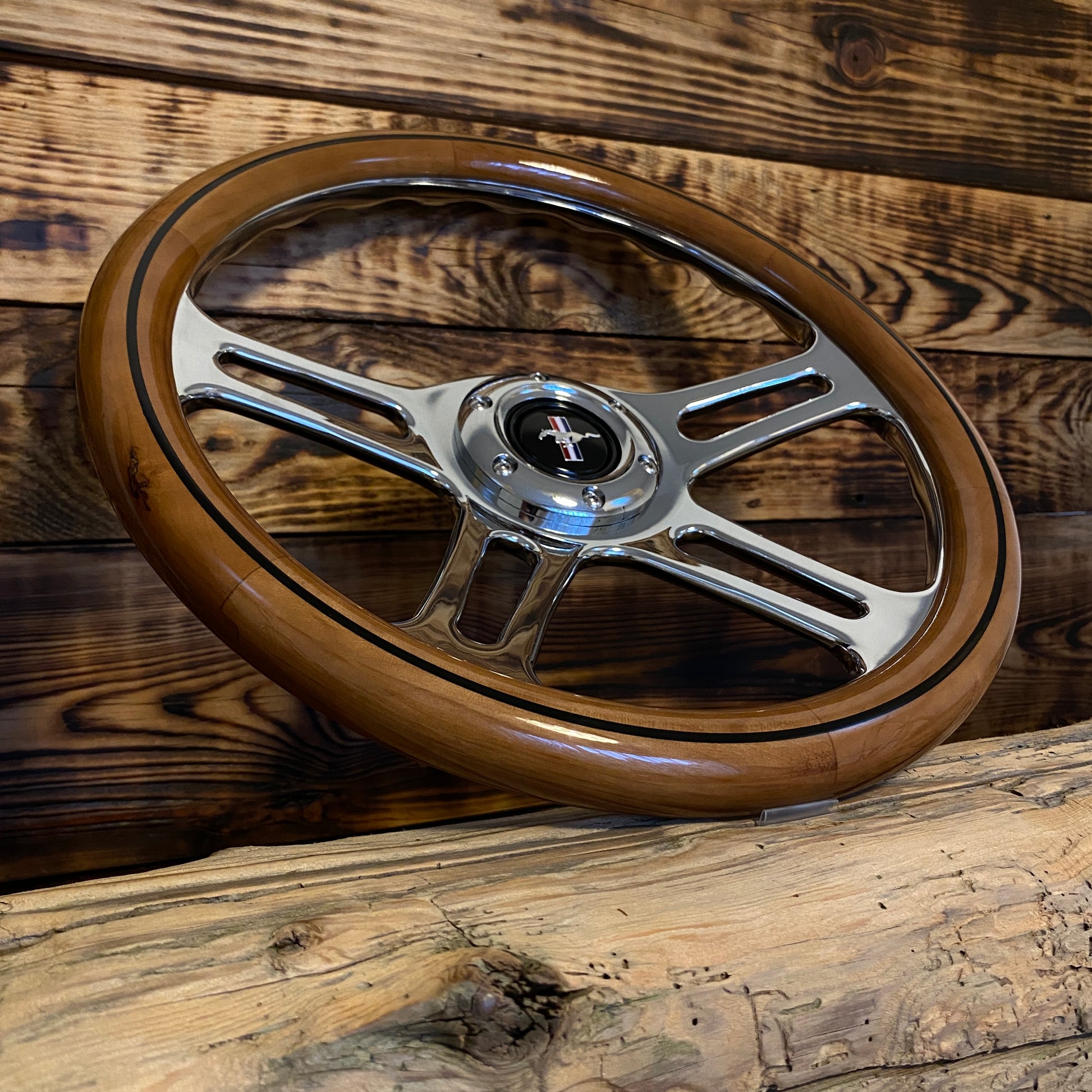 14 inch wooden steering wheel for Mustang by Punk Wheels with polished metal spokes front view