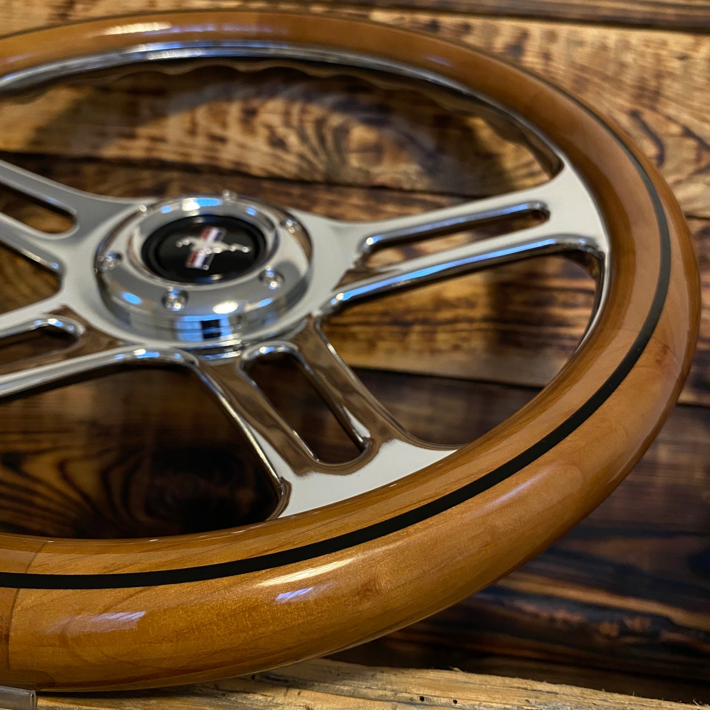 14 inch wooden steering wheel for Mustang with chrome spokes and natural wood finish top view