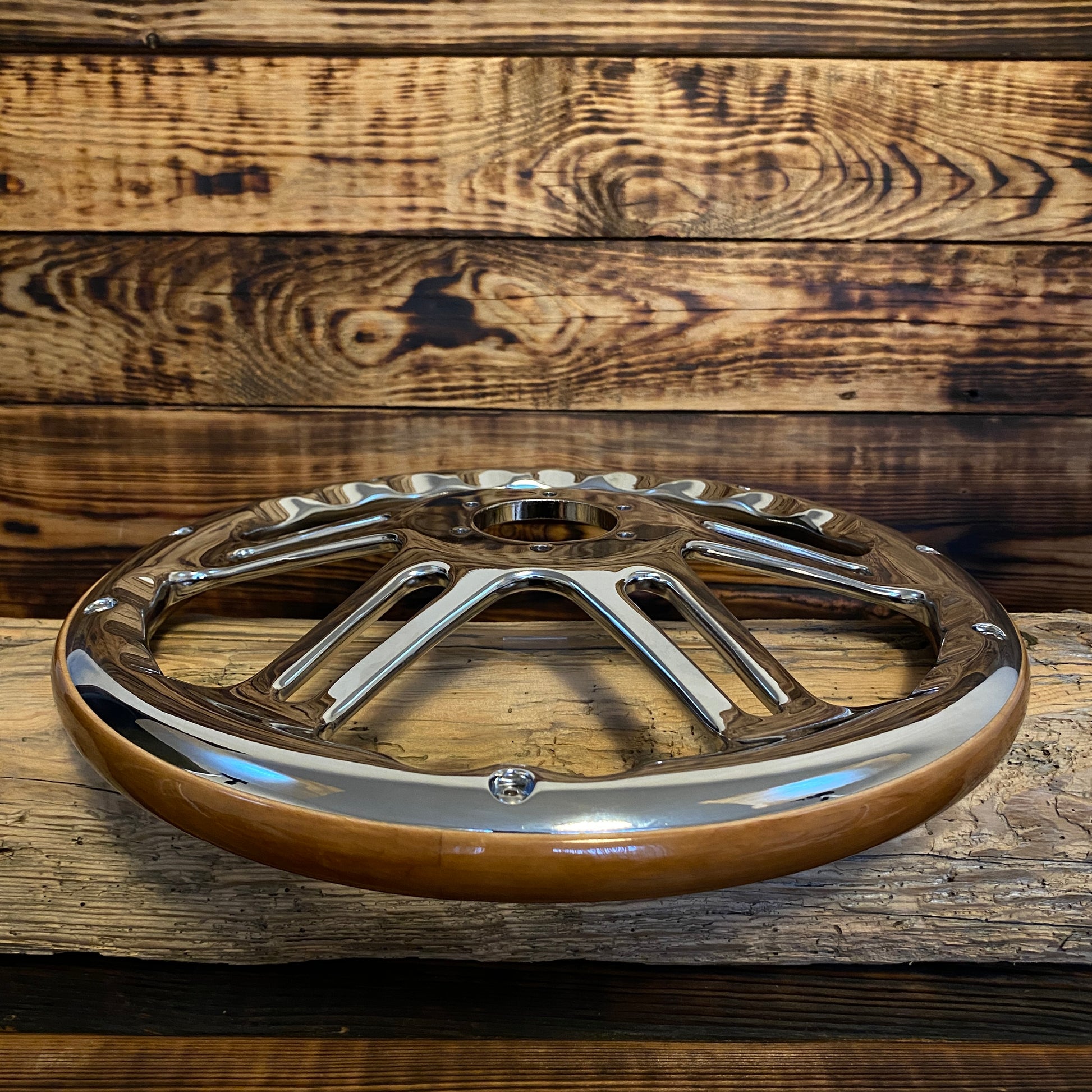 14 inch wooden steering wheel for Mustang with polished metal spokes by Punk Wheels side view