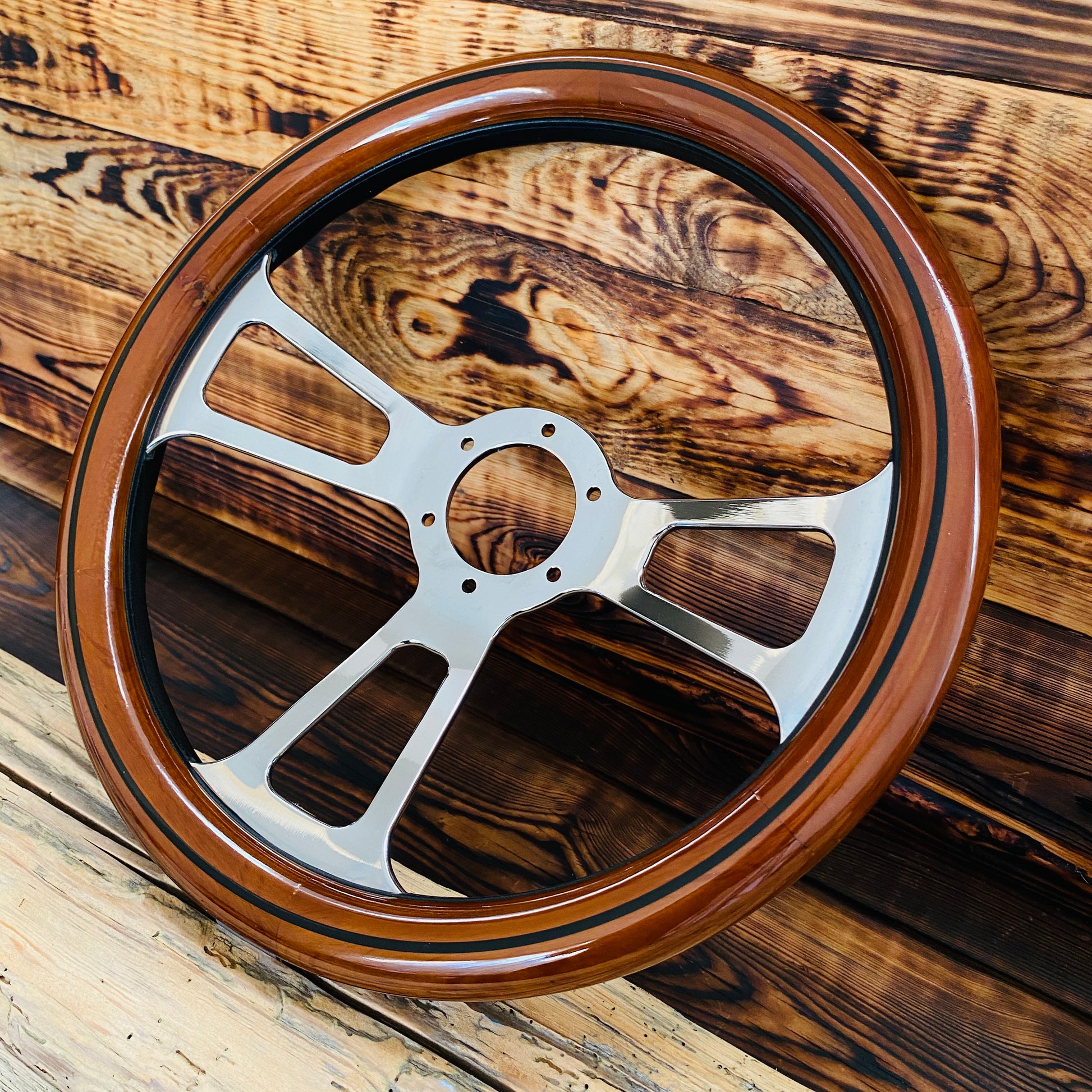 14 inch Ford wooden steering wheel with polished metal spokes for classic vehicle fitment front view