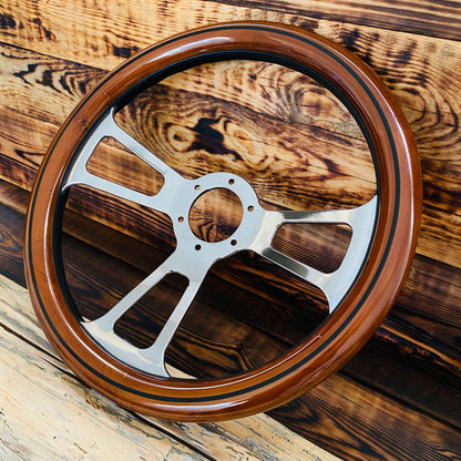 14 inch Ford wooden steering wheel with polished metal spokes for classic vehicle fitment front view