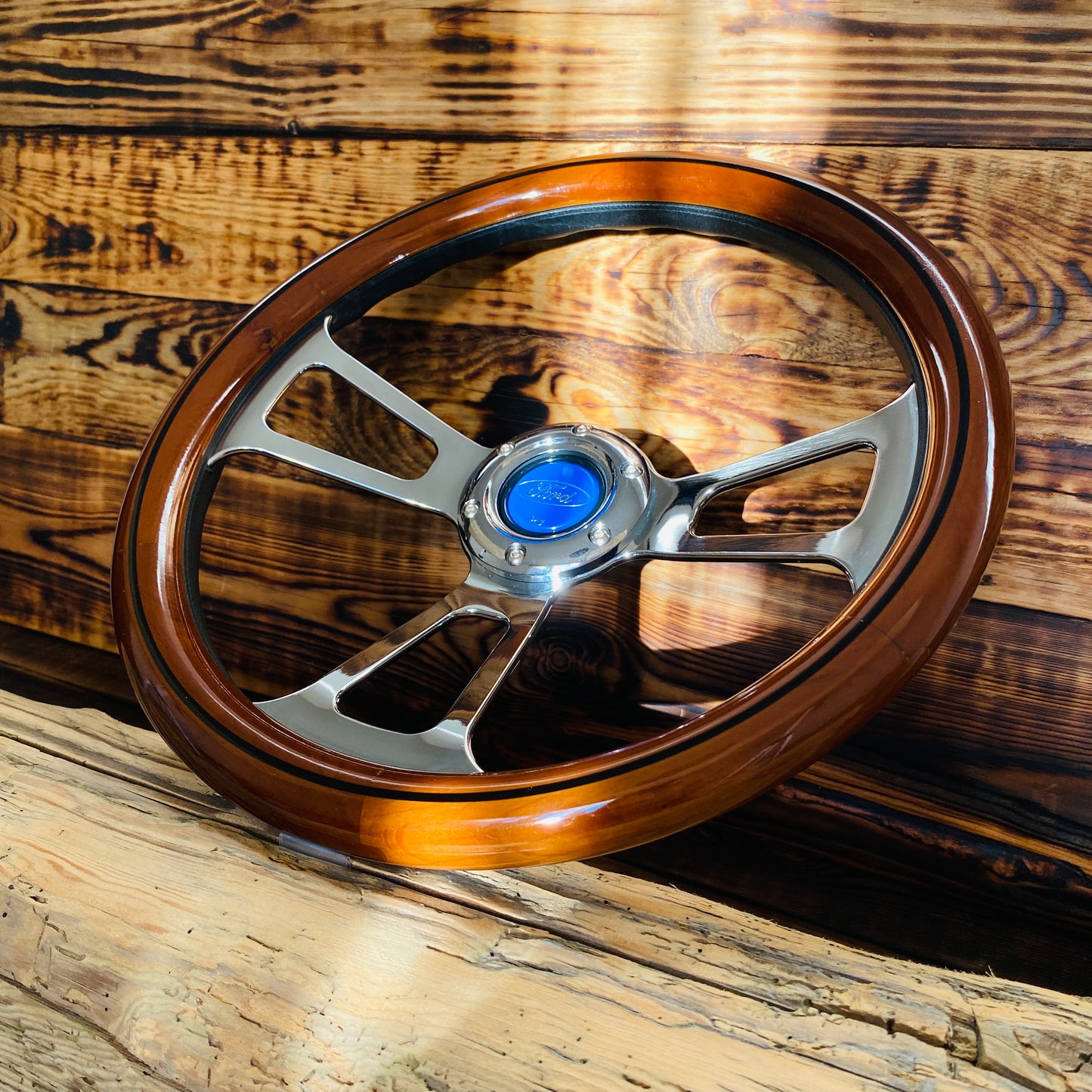 14 inch Ford wooden steering wheel with polished metal spokes and blue center cap by Punk Wheels side view