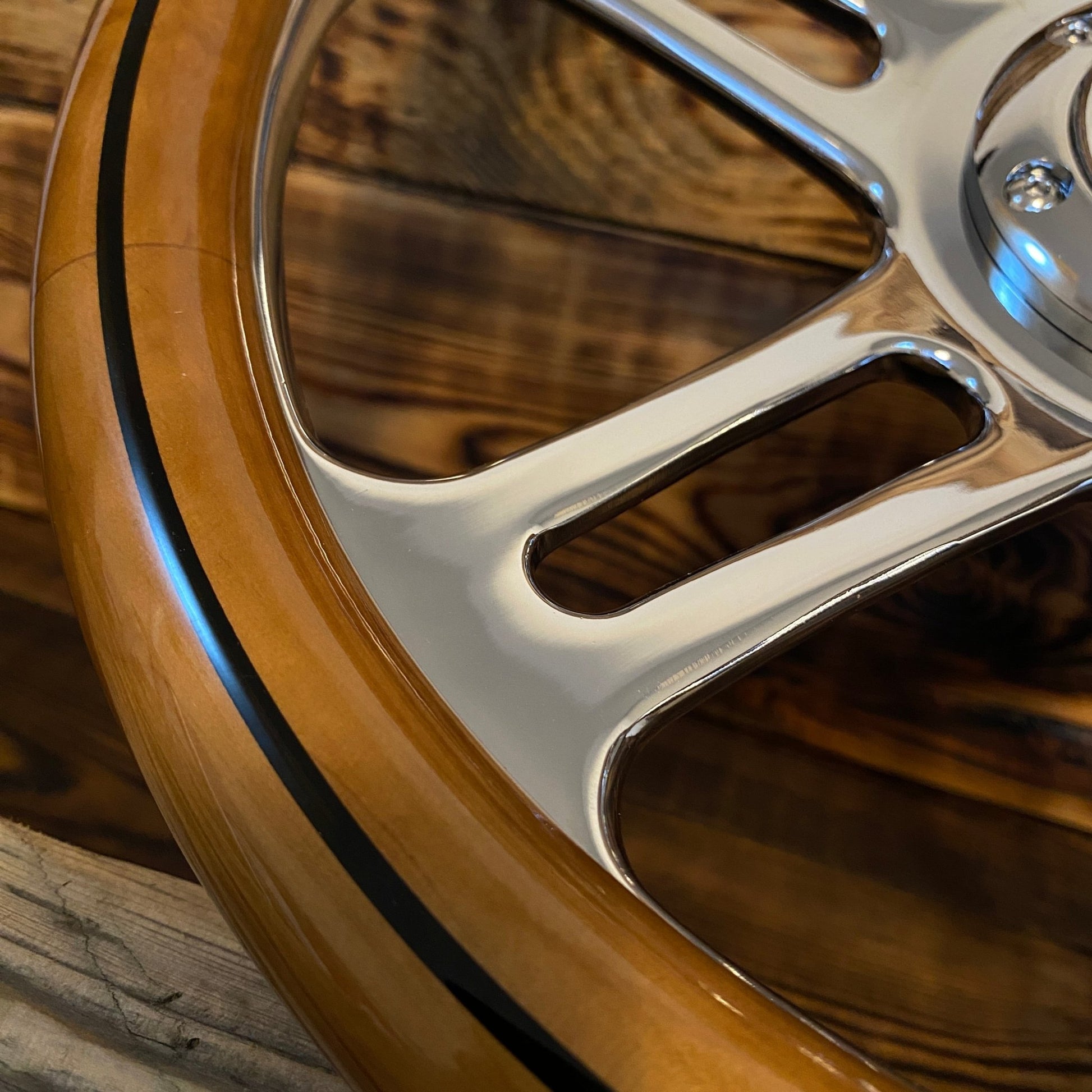 14 inch real wood steering wheel Mercedes-Benz with polished metal spokes by Punk Wheels