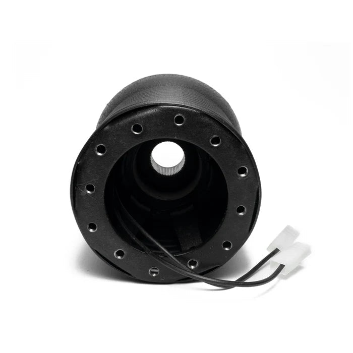 Black metal MERCEDES-BENZ R107 Hub Adapter steering wheel hub adapter with wiring connectors front view