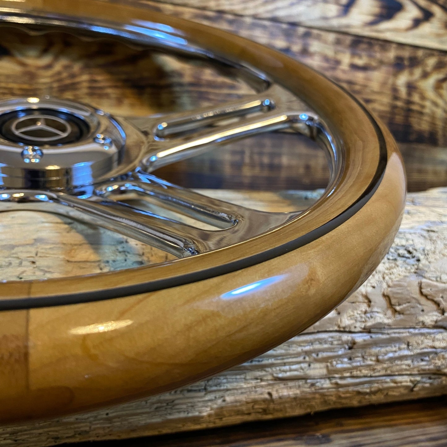 14 inch wood steering wheel for Mercedes with chrome spokes close-up side view by Punk Wheels