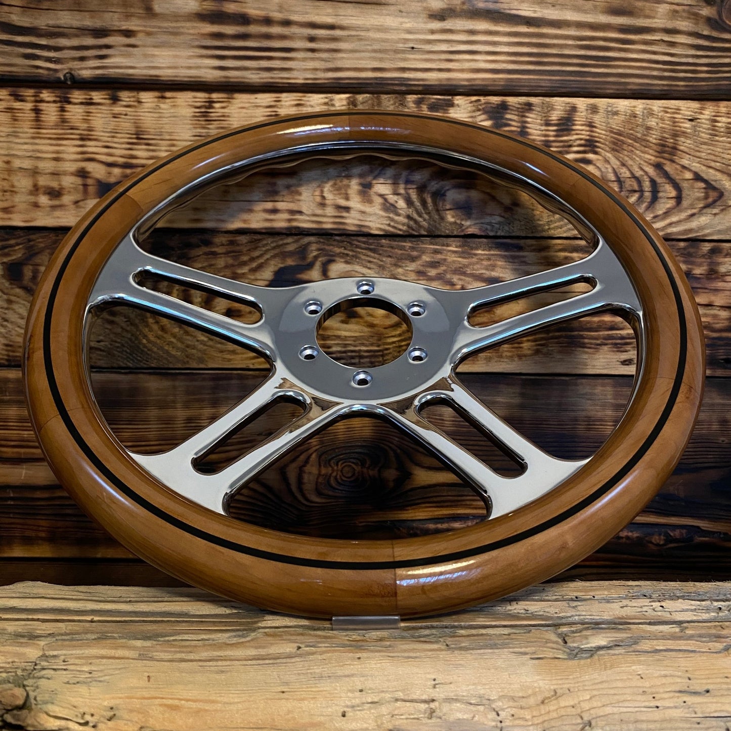 14 inch wood steering wheel for Mercedes with polished metal spokes front view by Punk Wheels