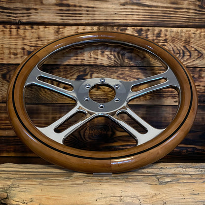 14 inch wood steering wheel for Mercedes with polished metal spokes front view by Punk Wheels
