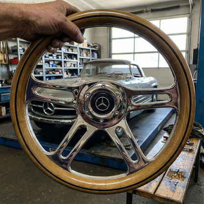 14 inch wood steering wheel with polished metal spokes for Mercedes classic cars front view
