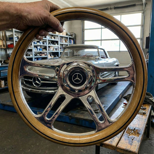 14 inch wood steering wheel with polished metal spokes for Mercedes classic cars front view