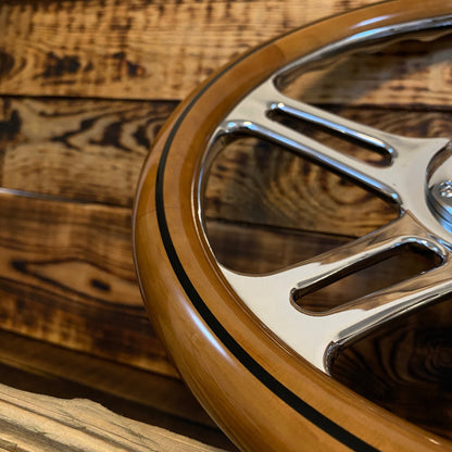 14 inch wood steering wheel for Mercedes with polished metal spokes close-up view