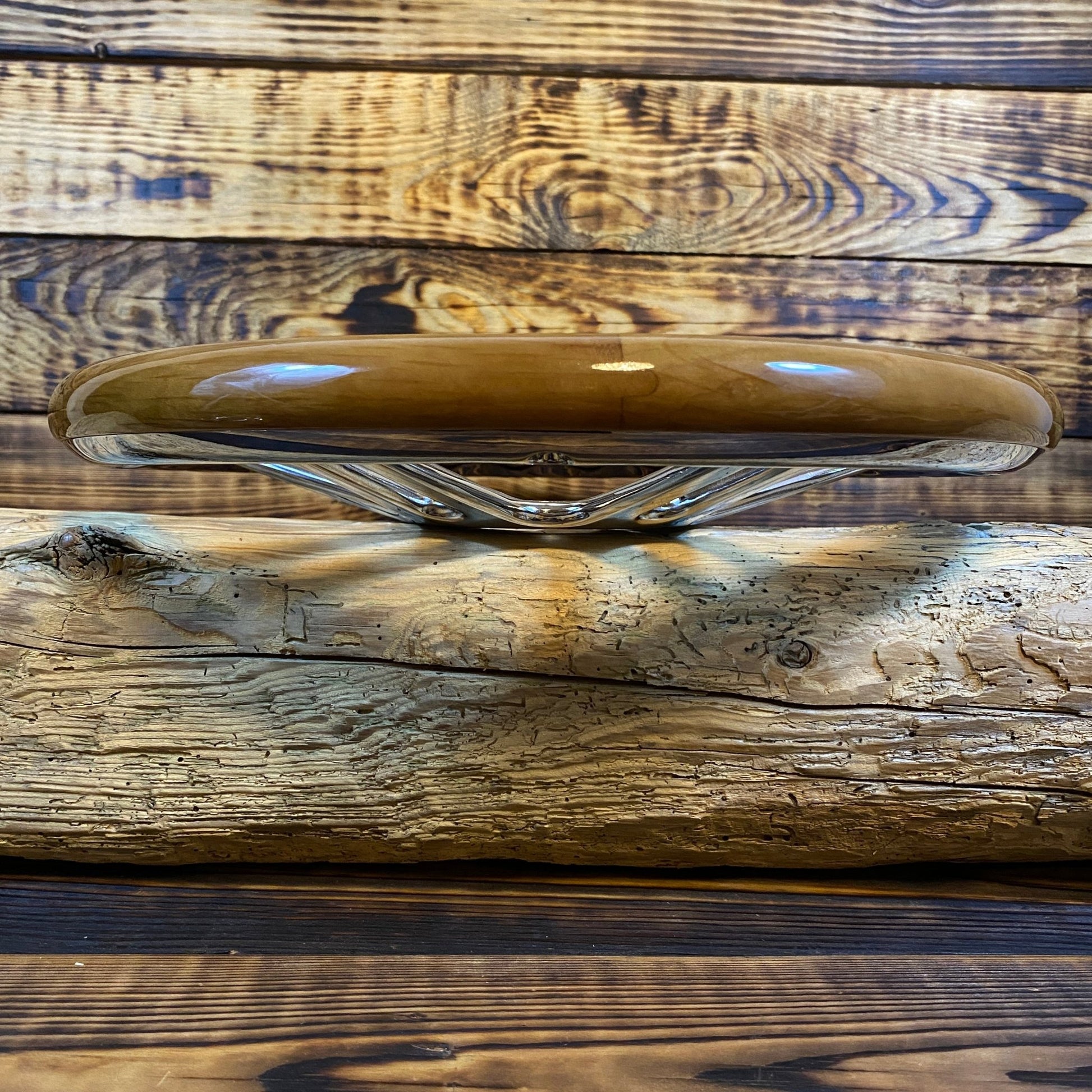 14 inch wood steering wheel for Mercedes with polished metal spokes side view by Punk Wheels