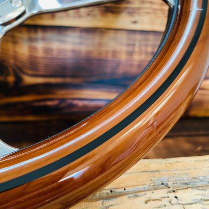 Close-up 14in Mercedes wood steering wheel rim with polished wood and black stripe by Punk Wheels