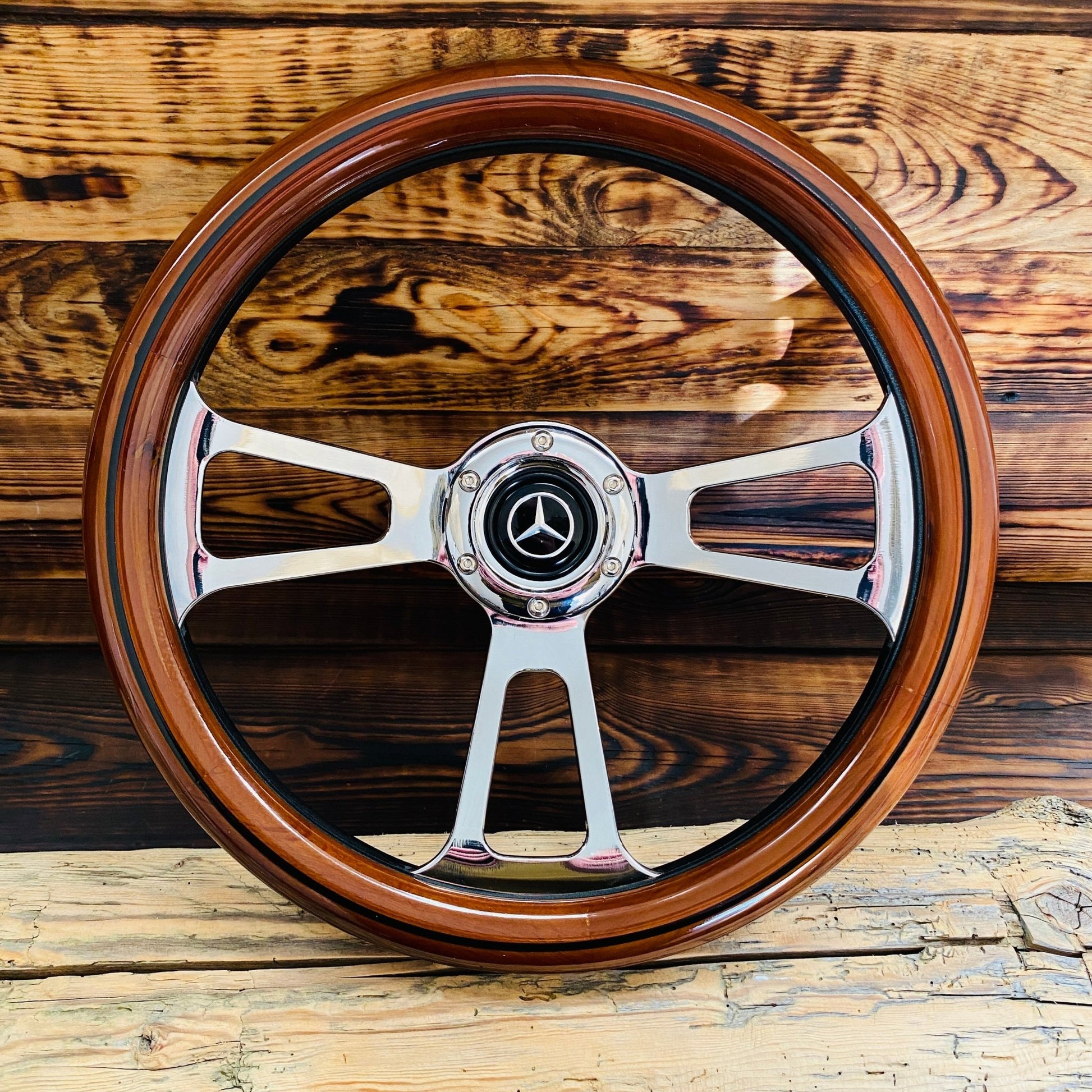 14 inch Mercedes wood steering wheel with polished metal spokes by Punk Wheels front view