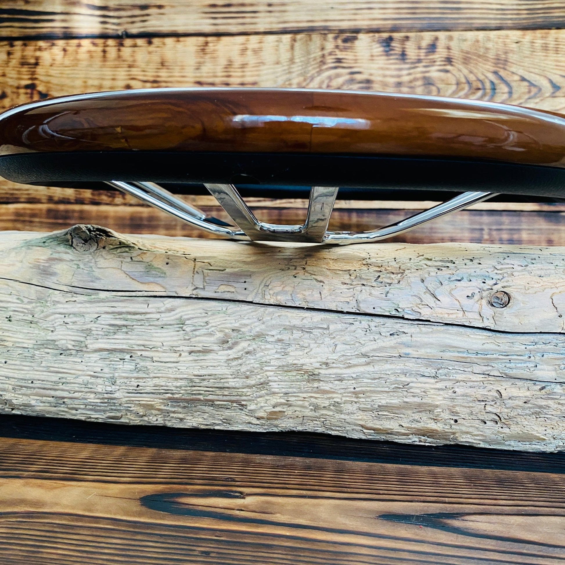 14 inch wood steering wheel for VW with polished dark wood rim and chrome spokes side view