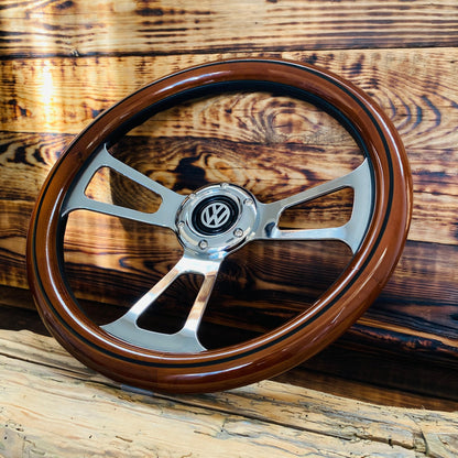 14 inch wood steering wheel for VW with polished metal spokes and VW emblem front view