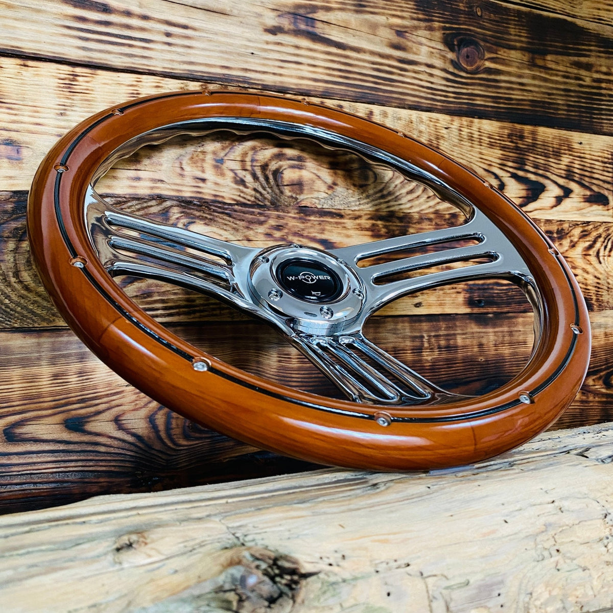 Forever Sharp 14" Black Steering Wheel With Mahogany Wood Grip & Bronze Rivets - 9 Hole, Horn Button Included